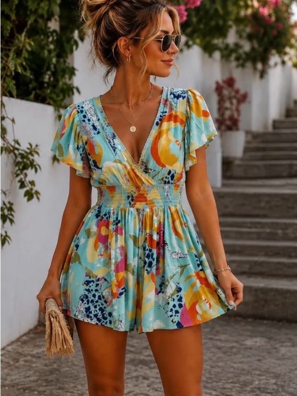 Angie  Floral Abstract Print V-Neck Romper in Aqua Multi